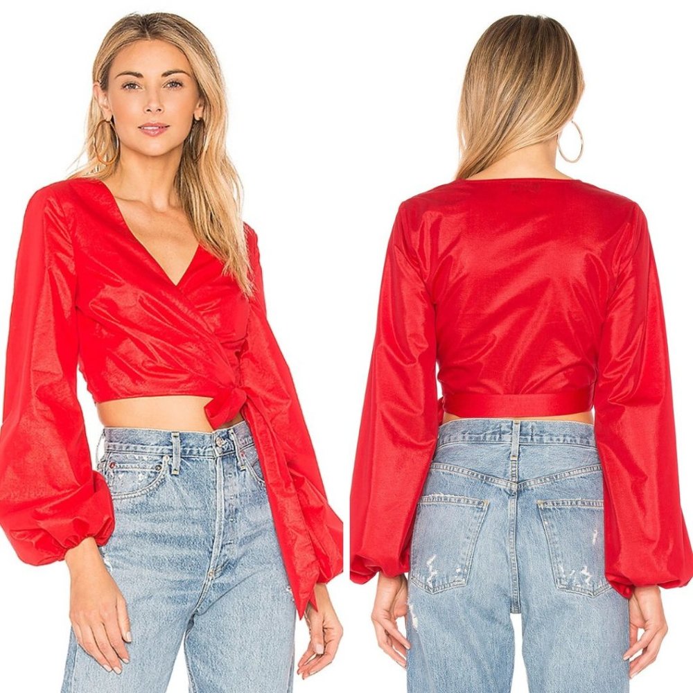 L'ACADEMIE The Elsa Wrap Top Long Sleeve Cropped Shirt Bright Red XS NWT $190